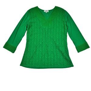 Shannon New York Kelly Green Crochet Lace V-Neck Long Sleeve Top Women's Size L